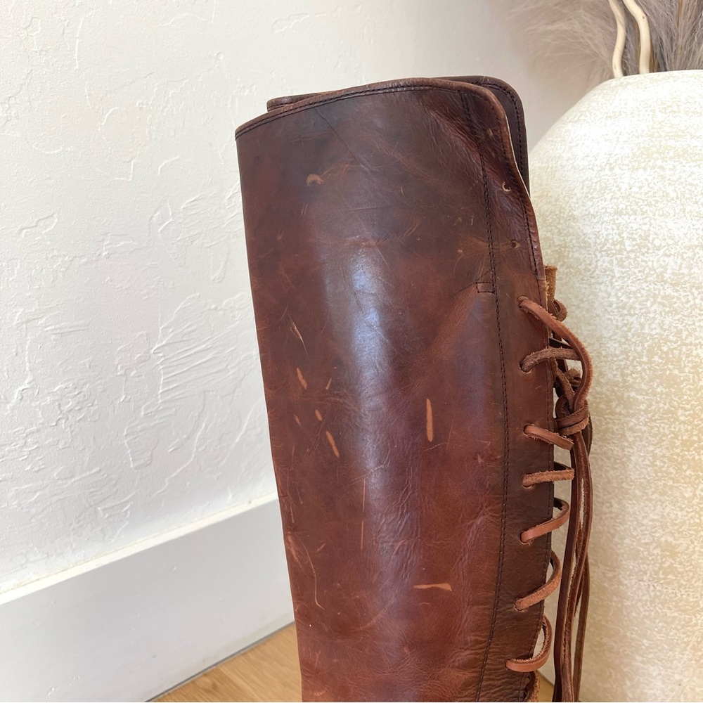 Freebird by Steven Coal Brown Cognac Leather Tall Tie Back Heeled Boots Size 8 - Picture 6 of 12